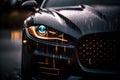 Close up of a generic unbranded luxury dark car under rain, generative ai illustration