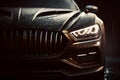 Close up of a generic and unbranded modern luxury car under rain, generative ai illustration