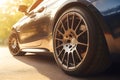 Close up on a generic and unbranded sport car in a city,sunlight, ai generative illustration