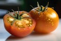 close-up of genetically modified tomato, with visible differences from its natural counterpart