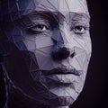 A close-up of a geometric sculpted face made of interconnected triangular panels, Royalty Free Stock Photo