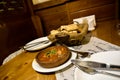 Close-up Georgian dishes and food with bread and beer, Tbilisi, Republic of Gerogia