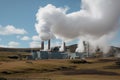 close-up of geothermal power plant, with steam rising from the hot water Royalty Free Stock Photo