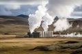 close-up of geothermal power plant, with steam rising from the hot water Royalty Free Stock Photo