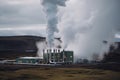 close-up of geothermal power plant, with steam rising from the hot water Royalty Free Stock Photo