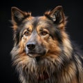 a close up of a german shepherd dog on a black background