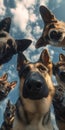 Close-up of 3 German Shepherds in profile, gazing down at the camera against a blurred sky background Naturalistic style with an Royalty Free Stock Photo