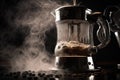 close-up of geyser coffee maker's steamy and hot stream of water