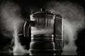 close-up of geyser coffee maker, with steam wafting from the spout and hot water ready to brew