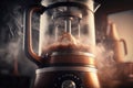 close-up of geyser coffee maker, with steam wafting from the spout and hot water ready to brew