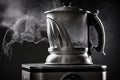 close-up of geyser coffee maker, with steam wafting from the spout and hot water ready to brew