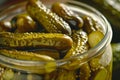 Close-up of gherkins in glass jar with brine and spices. Royalty Free Stock Photo
