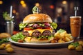 Close-up of a giant delicious fresh hamburger on a table in a restaurant