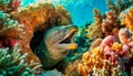 Giant Moray Eel Coming Out of its Den in a Vibrant Coral Reef - Generative Ai Royalty Free Stock Photo