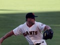 Close-up of Giants Closer Brian Wilson warms up to close game