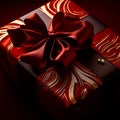 A close-up of a gift box with intricate wrapping paper