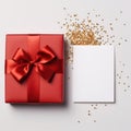 Close-up gift box with red ribbon and blank paper on a white background.Ai Royalty Free Stock Photo