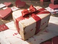 Close-up of a gift tied with a red ribbon. Illustration.