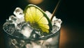 Close-up of a Gimlet, focus on the ice crystals and lime wheel, soft ambient lighting highlighting the drinks clarity