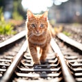 Ginger Cat Walking Down Railroad Tracks