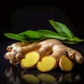 Close Up of Ginger Root With Green Leaf Royalty Free Stock Photo