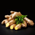 Close Up of Ginger Root With Green Leaf Royalty Free Stock Photo