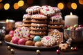 Close up of a gingerbread house amidst a array of christmas cookies and colorful candies, xmas images, AI Generated