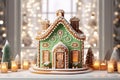 Close up of gingerbread house with pastel green decor and candles on white table. Lights blurred backdrop. Festive and cozy