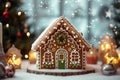 Close up of gingerbread house on a table over a blurred background with lights in the evening. Beautiful and warm Christmas