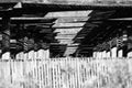 Close-up of ginseng shade made from old wooden lathes in black and white, horizontal