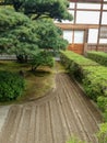 Close up of the Ginshadan sand layout, tree and plants at Japanese zen garden in Kyoto. Royalty Free Stock Photo