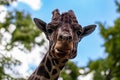 Close-up of a giraffe in front of some green trees, looking at t Royalty Free Stock Photo