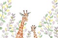 Watercolor giraffes in eucalyptus leaves, painted with a brush, handmade. Mother and child. A picturesque composition for cards, m