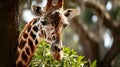 A close up of a giraffe near a tree. African Wildlife.