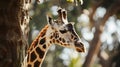 A close up of a giraffe near a tree. African Wildlife.