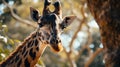 A close up of a giraffe near a tree. African Wildlife.