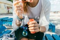 Close-up of a girl blow bubbles on the beach Royalty Free Stock Photo