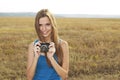 Close up of a girl clicking camera Royalty Free Stock Photo