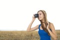 Close up of a girl clicking camera Royalty Free Stock Photo