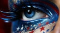 Close-up of girl eye with beautiful festive makeup celebrating 4th of july independence day Royalty Free Stock Photo