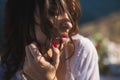 Close-up girl lips. Girl in lingerie on top of a mountain overlooking the ocean. Charges of the bride, bride& x27;s Royalty Free Stock Photo