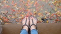 Close Up on Girl`s Feet Wearing Silver Sandals and Red Nails with Fancy Carp Swimming in The Pond Background