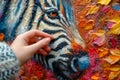 AI generated a close up of a girl\'s hand caressing a zebra painted with pastel painting technique