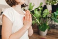 Close-up of the girl& x27;s hands folded for prayer. Relaxation and yoga practice for kids Royalty Free Stock Photo