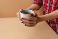 Close up of hands holding cup tea. Royalty Free Stock Photo