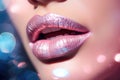 Close up of a girls lips with lipstick and glitter.