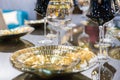 Close up of glamorous table service, luxurious glasses and plate