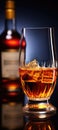 A close up of a glass of alcohol with a bottle in the background, AI Royalty Free Stock Photo