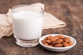 Close Up glass of Almond milk with Almond seeds. Almond milk in a glass with almonds Royalty Free Stock Photo