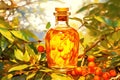 Close-up of a glass bottle with sea buckthorn oil and cork against the backdrope of branches